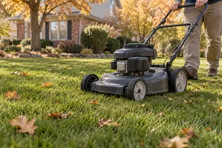 Homeowner mulching fall leaves into a Kansas lawn with a mower