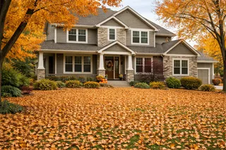 House with heavy leaf buildup before fall cleanup in Kansas City